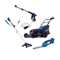 Ein Akku-Gartengerät mit verschiedenen Aufsätzen, darunter ein Rasenmäher, ein Laubbläser und ein Heckenschere. Ideal für die Gartenpflege.